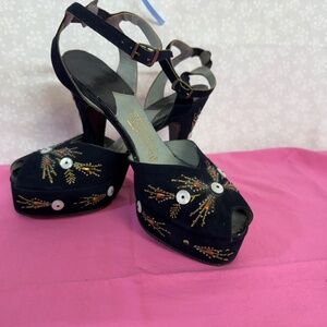 Henry Waters "Shoes of Consequence" Blue Suede bead and button embellished heels